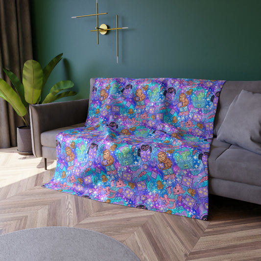 Cryptic Monster Party Velvet Blanket ~ Cozy Crushed Velvet Blanket with Colorful Pattern - Perfect for Home Decor, Gifts, Cozy Nights, Kids Room, Boho Style